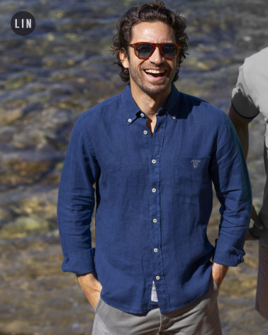 Chemise LIN BUENOS AIRES bleu indigo Manches Longues Otago pour Homme