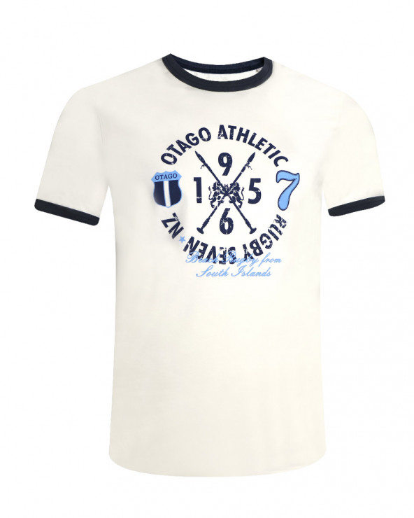face du Tee-shirt Island bicolore ivoire marine Otago rugby coton Bio pour homme