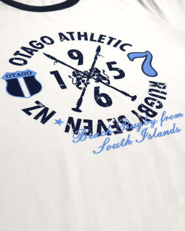 sérigraphie du Tee-shirt Island bicolore ivoire marine Otago rugby coton Bio pour homme