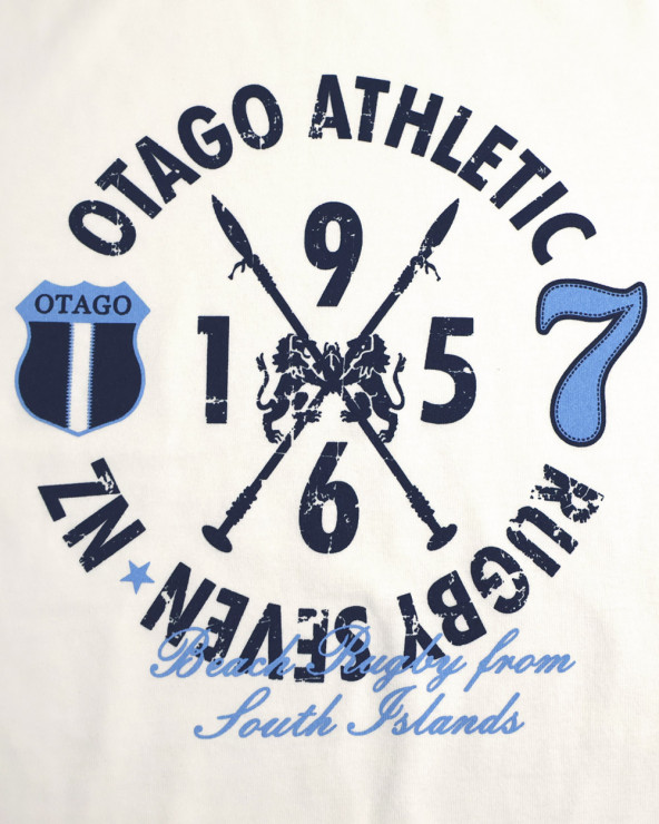 visuel sérigraphié du Tee-shirt Island bicolore ivoire marine Otago rugby coton Bio pour homme