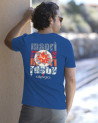 Tee-shirt Flower Otago rugby bleu roi col rond pour homme porté en taille M.
