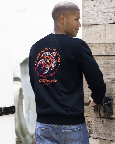 modèle porté dos du Sweat col rond PACITORT Otago rugby bleu marine chiné pour homme