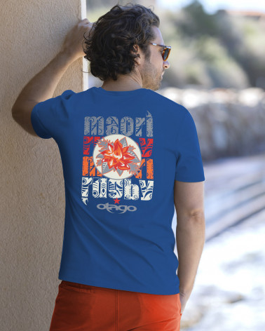 modèle dos du Tee-shirt Flower Otago rugby bleu roi col rond pour homme porté en taille M.