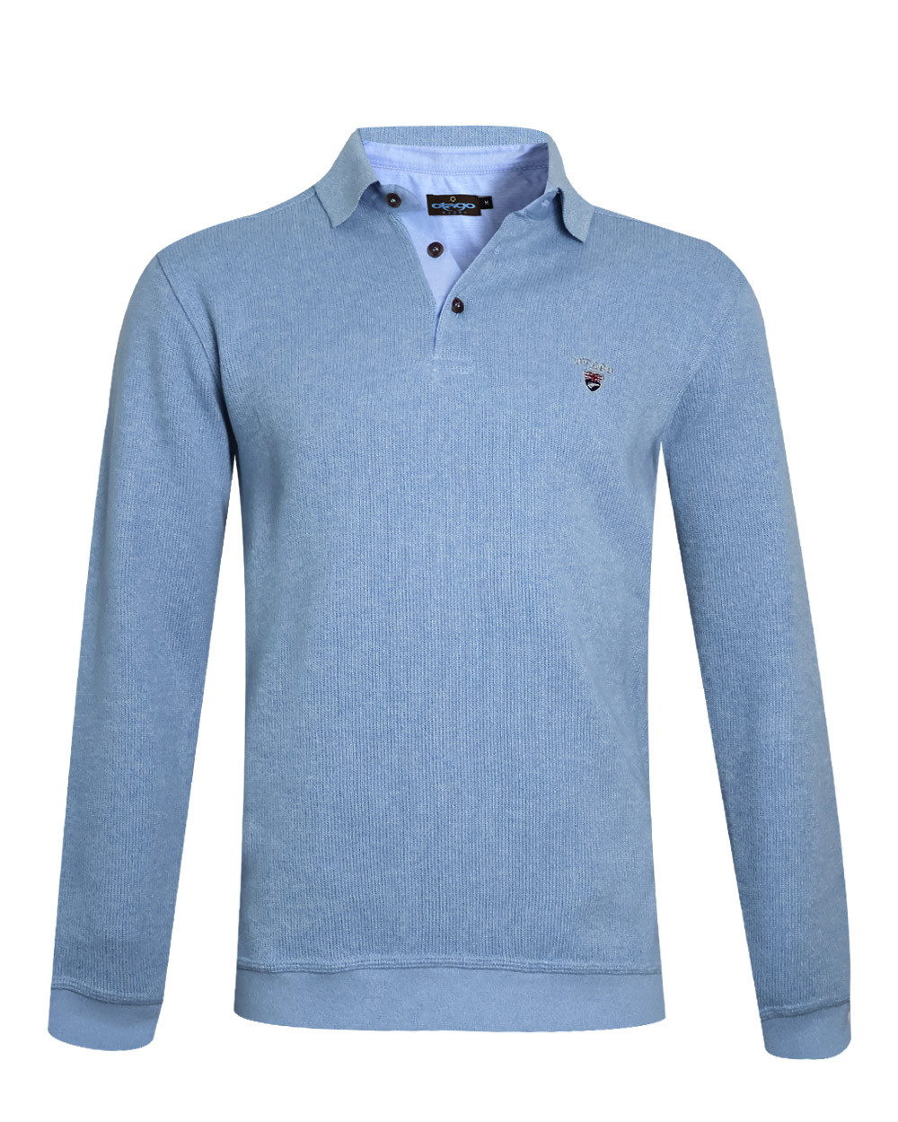 face du Polo bleu pastel manches longues pour homme 25POML1 Otago rugby vert ou sweat bleu pastel col polo