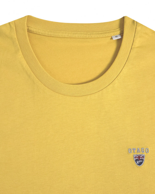 broderie du Tee-shirt jaune moutarde sun yellow Buenuni Otago rugby coton Bio pour homme