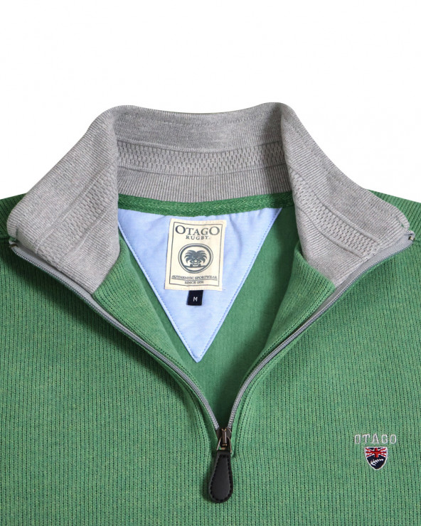 col ouvert du Sweat vert col zippé pour homme 24SW7 Otago rugby