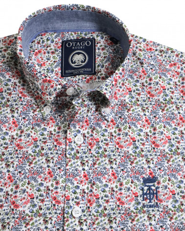 col et broderie de la Chemise manches longues pour homme 293 Otago blanche à motifs