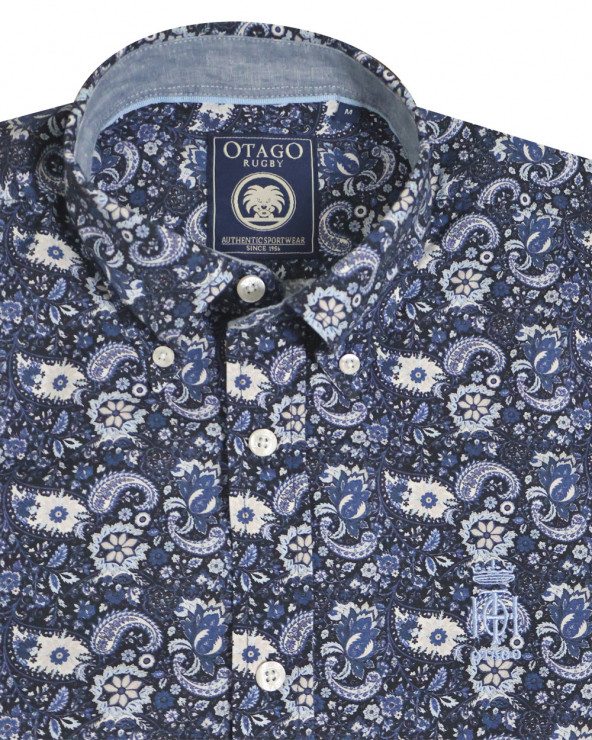 détail col et broderie de la Chemise manches longues pour homme 292 Otago bleu marine à motifs