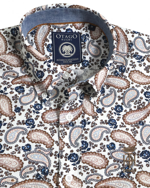 col et broderie de la Chemise manches longues pour homme 294 Otago blanche à motifs bleu marine et marron
