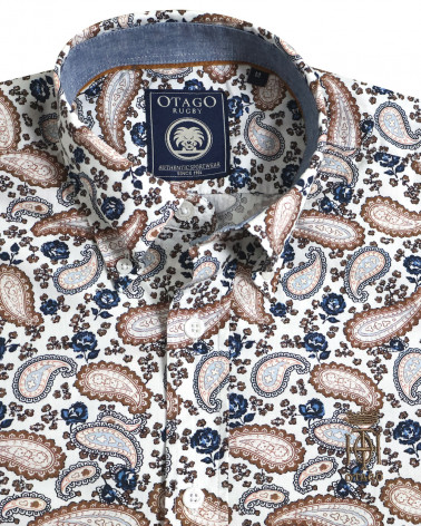 col et broderie de la Chemise manches longues pour homme 294 Otago blanche à motifs bleu marine et marron