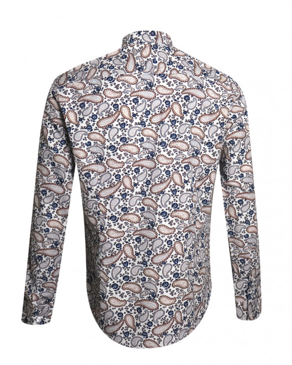 dos de la Chemise manches longues pour homme 294 Otago blanche à motifs bleu marine et marron