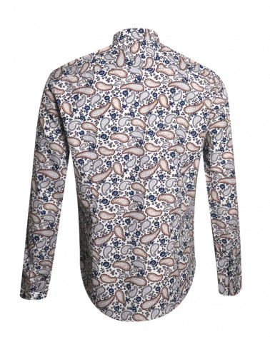 dos de la Chemise manches longues pour homme 294 Otago blanche à motifs bleu marine et marron