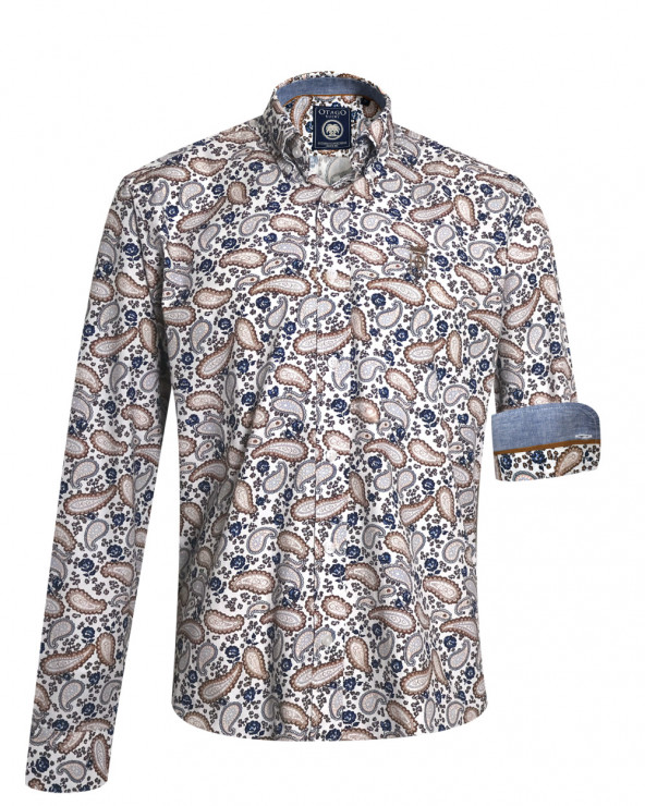face de la Chemise manches longues pour homme 294 Otago blanche à motifs bleu marine et marron