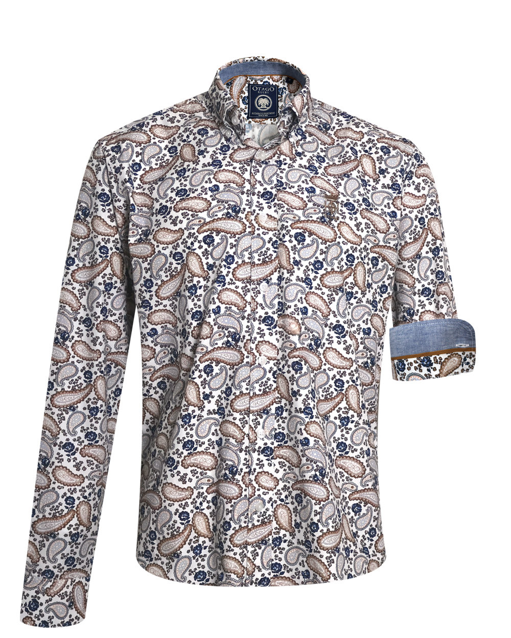 face de la Chemise manches longues pour homme 294 Otago blanche à motifs bleu marine et marron