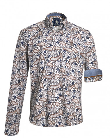face de la Chemise manches longues pour homme 294 Otago blanche à motifs bleu marine et marron