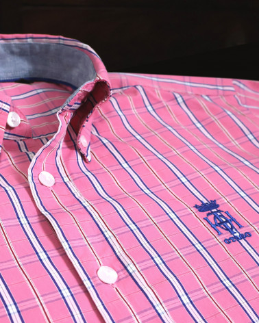détail broderie de la Chemise manches longues pour homme 299 Otago rose marine à carreaux