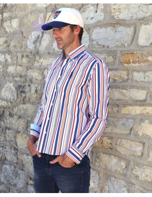 Chemise manches longues pour homme 298 Otago rayée bleu rouge orange