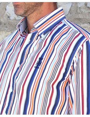 zoom sur la broderie côté cœur de la Chemise manches longues pour homme 298 Otago rayée bleu rouge orange
