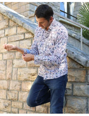 Chemise manches longues pour homme 294 Otago blanche à motifs bleu marine et marron