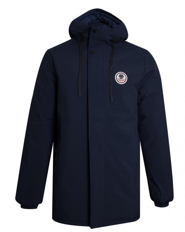 face de la Doudoune longue bleu marine déperlante pour homme Lamyan Otago rugby avec capuche