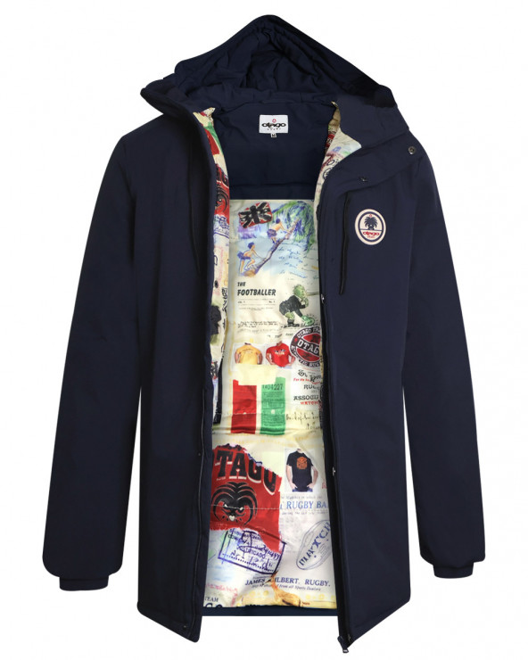 face ouverte de la Doudoune longue bleu marine déperlante pour homme Lamyan Otago rugby avec capuche