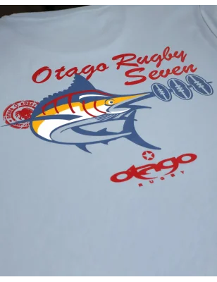 détail du visuel sérigraphié du Tee-shirt bleu ciel pour homme Estampag Otago rugby col rond aquamarine