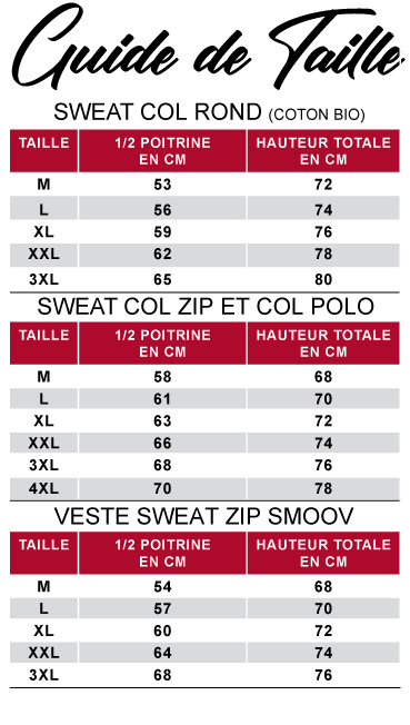 guide de taille sweats et gilets